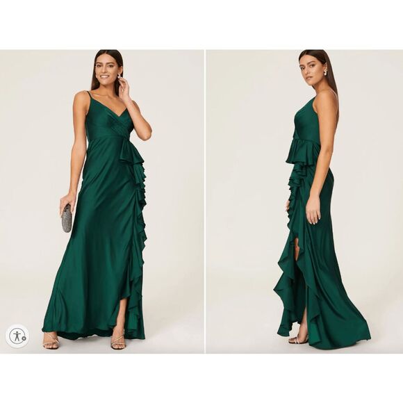 Mac Duggal Green Satin Ruffled Asymmetrical Gown US 4 $338 - Picture 2 of 8